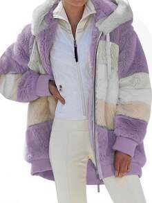 大码条纹毛绒连帽大衣 - 柔软、温暖、舒适的长袖拉链大衣，适合秋冬季 - 适合寒冷天气的女士休闲外套
