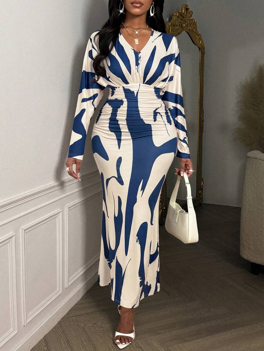 AIJ 2024 Autumn And Winter Women's Solid Color Waist Pleated Batwing Sleeve Dress, Geometric Pattern Outdoor Clothing - Blue - View 1