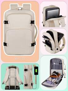 1 Pc Fashionable Multifunction Double Handle Travel Backpack With Luggage Strap Design. Portable Minimalist Work Bag With Multi Compartments. Personalized School Bag With USB Charging Port. Practical Student Laptop Bag With Laptop Compartment.Solid Color Sports Backpack With Handle - Beige - View 2