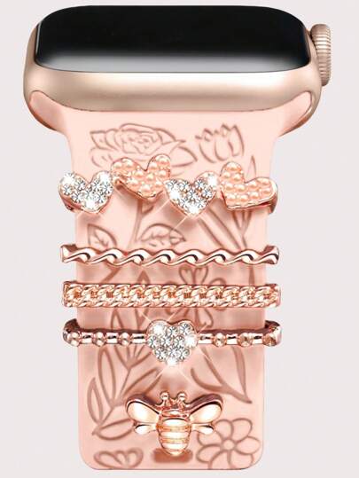 5pcs Metal Charms Decorative Ring Compatible With Apple Watch Band Charms Heart Bee Rhinestone Rhinestone Ornament Smart Watch Silicone Strap Accessories Bracelet Fashionable Accessories (Watch And Band Not Included) Compatible With Samsung Galaxy Watch