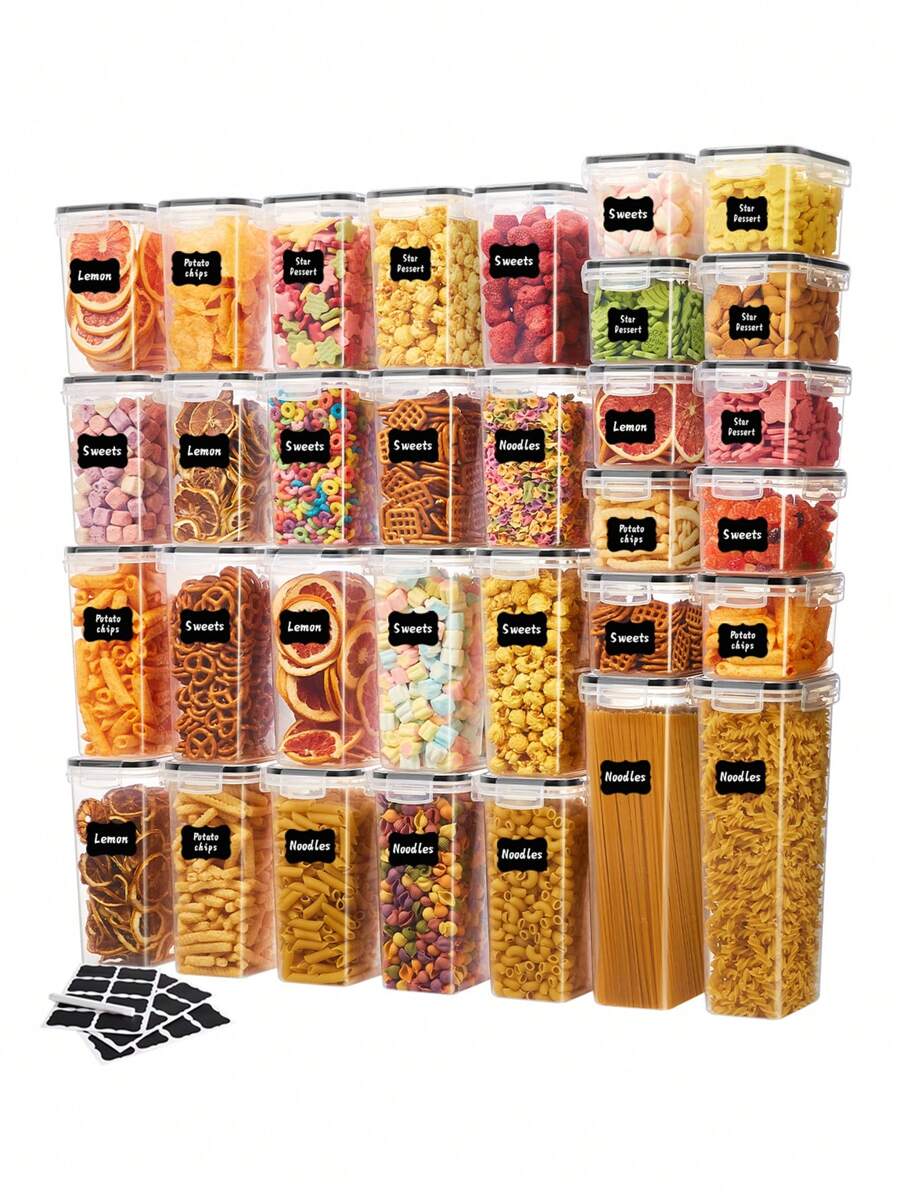24pcs Airtight Food Storage Containers With Labels And Markers, Capacity For Cereal, Pasta, Flour, Sugar - Dishwasher - Perfect For Back To School, College, And Kitchen Organization. - Đen và trắng - Xem 1