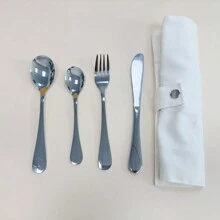 1 Set/4pcs Customizable Stainless Steel Cutlery Set With Bear Pattern, Ideal For Everyday Use And Universal Gifts - Silver Plain + Cutlery Bag - View 4