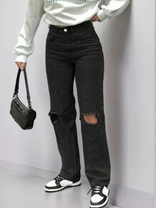 Quần jeans ống đứng rách gối phong cách giống người có sức ảnh hưởng ở Châu Âu và Châu Mỹ - màu đen - Xem 1