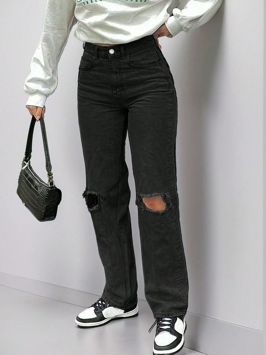 Quần jeans ống đứng rách gối phong cách giống người có sức ảnh hưởng ở Châu Âu và Châu Mỹ - màu đen - Xem 1