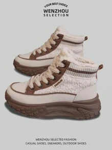 新款女式户外雪地靴，带蓬松衬里、厚底、防滑、时尚拼色 - 卡其色 - 查看 4