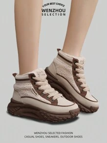 新款女式户外雪地靴，带蓬松衬里、厚底、防滑、时尚拼色 - 卡其色 - 查看 8