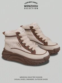 新款女式户外雪地靴，带蓬松衬里、厚底、防滑、时尚拼色 - 卡其色 - 查看 5