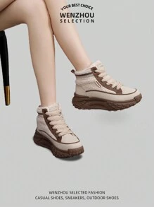 新款女式户外雪地靴，带蓬松衬里、厚底、防滑、时尚拼色 - 卡其色 - 查看 7