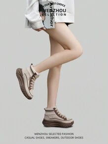 新款女式户外雪地靴，带蓬松衬里、厚底、防滑、时尚拼色 - 卡其色 - 查看 9