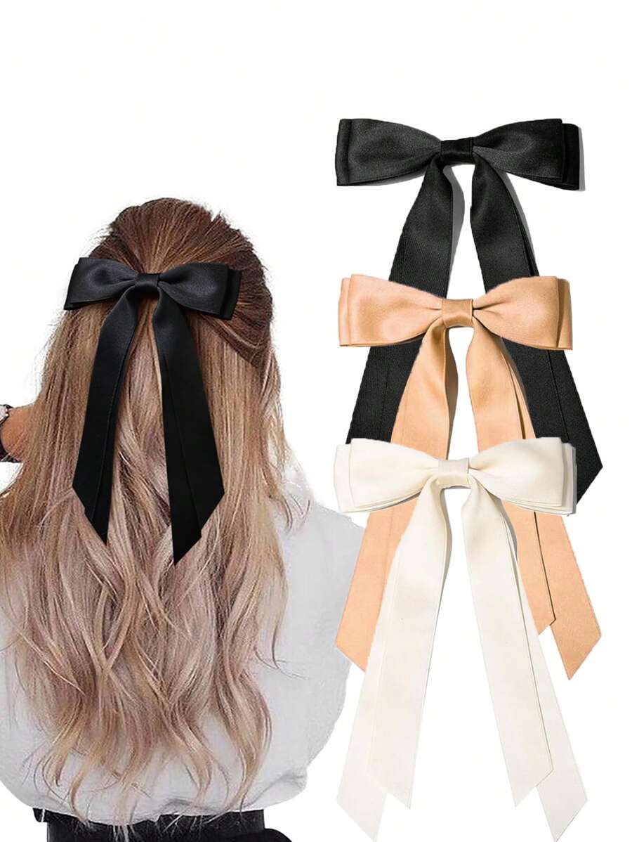 3 件装丝滑缎面发夹纯色蝴蝶结发夹可爱发带马尾辫发圈配件滑扣金属发夹女士女孩发夹爪夹发饰，学习用品，美发配件