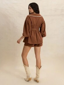 Rusttydustty 女士焦糖色腰带衬衫高腰短裤套装新年情人节音乐节约会之夜节日简约优雅 - 棕色 - 查看 6