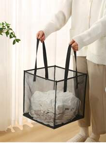 1pc Mesh Laundry Hamper With Large Capacity, Multifunctional Foldable Clothes Basket Perfect For Bathroom Organization, Washing Storage, Dorm Room Essentials, Collapsible Design For Easy Storage And Portability - Black - View 4