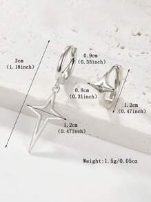 一对不对称 925 银耳环套装，光滑的四角星形耳环适合女性和男性日常休闲场合，或作为女儿和侄女的节日礼物 - 銀色 - 查看 4