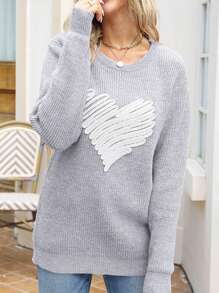 Women's Love Heart Pullover Sweater Long Sleeve Crewneck Sweater Oversized Knit Sweater Valentine's Day Sweater - Grey - View 4