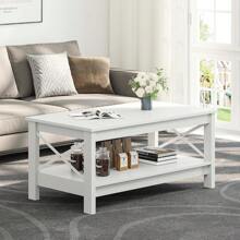 Coffee Table, Small 2-Tier Wooden Coffee Table With Storage Shelf, 100x55.3x45cm White Coffee Tables For Living Room, Super Stability, Thicker Wood Accent Cocktail Center Ends Coffee Table - trắng - Xem 1