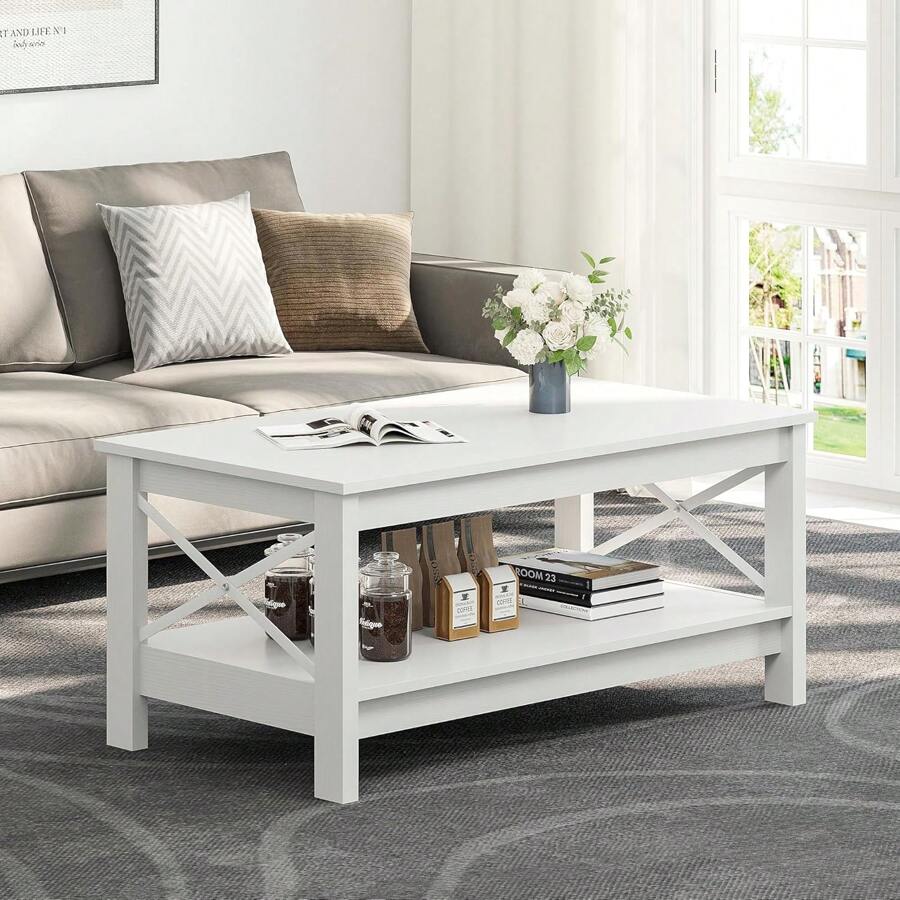 Coffee Table, Small 2-Tier Wooden Coffee Table With Storage Shelf, 100x55.3x45cm White Coffee Tables For Living Room, Super Stability, Thicker Wood Accent Cocktail Center Ends Coffee Table - trắng - Xem 1