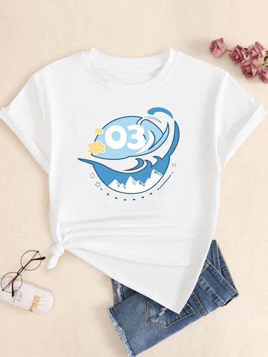 Cotton T-Shirt Landscapes Resort Style Babylook T-Shirt Comfort Elegant Breathable Summer - 奶油色 - 查看 1