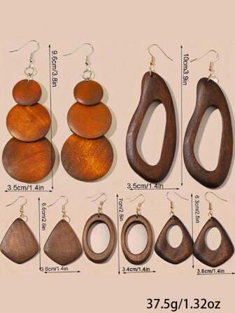 5pairs/Set Vintage Brown Solid Wood Pendant Earrings