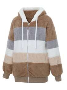 Women Contrast Color Hooded Coat, Long Sleeve Zip-Up Plush Tops For Spring, Autumn - Khaki - View 5