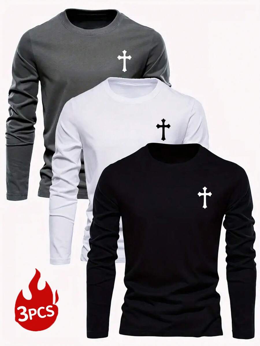 3pcs/Set Men's Casual Everyday Cross Print Long Sleeve T-Shirts, Autumn Tee, Fall Clothes - Multicolor - View 1
