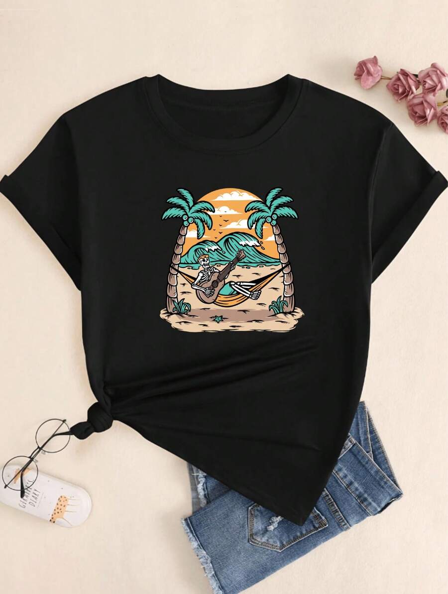 Cotton T-Shirt Artistic Style Landscapes Beach Breathable Blouse Summer Elegant - màu đen - Xem 1