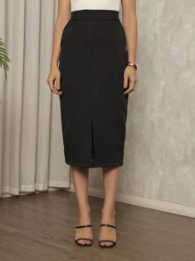 Women's Tailored Midi Skirt, High Waist, Formal, With Pocket, Evangelical - 黑色 - 查看 5