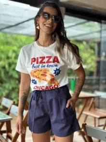 Women's Mega Blouse In Soft Cotton PIZZA CHICACO T-Shirt - trắng - Xem 3
