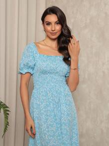 Long Dress With Puffed Sleeves Elastex Print - Light Wash - View 3
