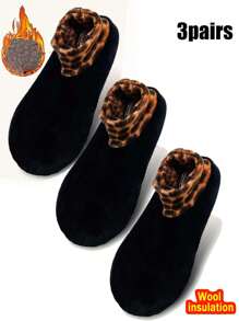 1pair Black Leopard Print Coral Velvet Anti-Slip Soft Indoor Floor Socks, Women Winter Warmth Socks With Non-Slip Dots And Plush Lining