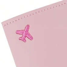 刺繡時尚輕量 PU 皮革極簡風純色防盜護照夾，適合飛行旅行、返校季、度假，學生、女性、男性通用 - 粉色 - 查看 3