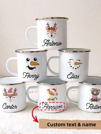 1PC Personalized Name White Enamel Mug, Unique Gift, Suitable For Special Occasions, Personalized Photo Coffee Mug, Custom Camping Mug, Custom Christmas Gift, Personalized Anniversary Photo Mug, Perfect Gift For Family And Friends, Personalized Halloween Enamel Mug, Custom Mug, Custom Coffee Mug,Chic Design