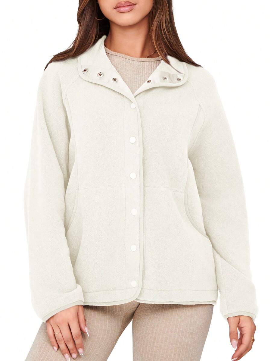 Women's Fleece Sherpa Jacket Winter Coats Long Sleeve Casual Button Fuzzy Cropped Sweatshirt Outerwear With Pockets - Màu be - Xem 1