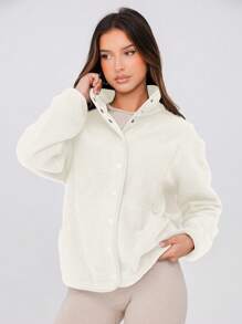 Women's Fleece Sherpa Jacket Winter Coats Long Sleeve Casual Button Fuzzy Cropped Sweatshirt Outerwear With Pockets - Màu be - Xem 3