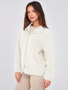 Women's Fleece Sherpa Jacket Winter Coats Long Sleeve Casual Button Fuzzy Cropped Sweatshirt Outerwear With Pockets - Màu be - Xem 5