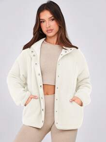 Women's Fleece Sherpa Jacket Winter Coats Long Sleeve Casual Button Fuzzy Cropped Sweatshirt Outerwear With Pockets - Màu be - Xem 2