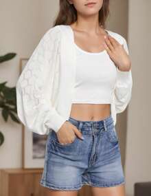 Women's Casual Crochet Hollowed Out Batwing Cardigan Sweater - White - View 3