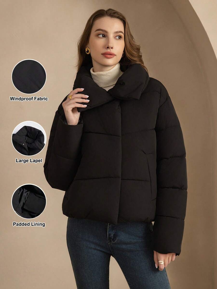 女士冬季休闲纯色翻领长袖短款棉衣 - 黑色 - 查看 1