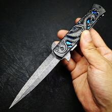 Survival Camping Knife, Dragon Engrave Handle, Blue/Red Style, With Pocket Clip Good For Outdoor And Collection Knives,Back To School,School Supplies