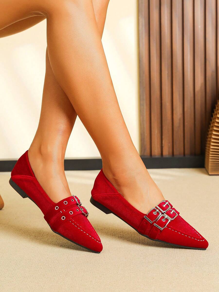 女士平底尖头芭蕾平底鞋，颜色有黑色、红色、酒红色、安哥拉红色，2025 年春夏新品，工作和休闲装百搭，软皮软底，英式休闲鞋，加大码 41-43