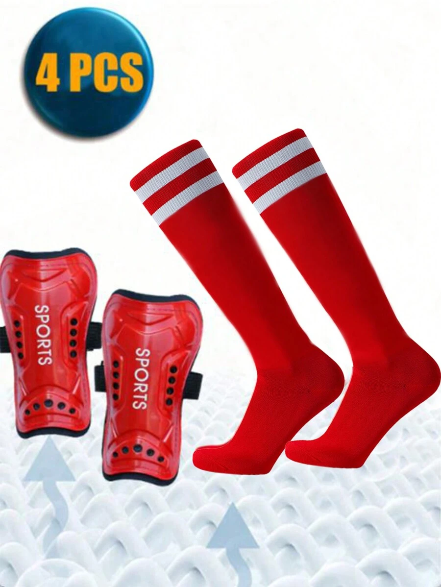 4pcs Football Shin Guards With Pocket Sleeve, Includes Shinguard, Shinpad, And Calf Sleeves - Soccer Protective Gear Shinpads - Red - View 1
