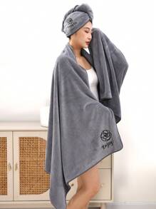 Grey Embroidered Large Bath Towel Shower Cap 2 Pieces