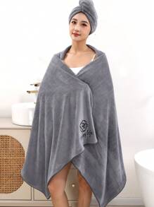 2件套女士柔软吸水超大浴巾（90*180厘米）+ 25*65厘米浴帽，家居浴室装饰，秋季装饰，返校季，适用于美容院、酒店、运动场所、家庭浴室等，可作浴巾、护肤浴巾。 - 灰色刺繡加大浴巾浴帽2件 - 查看 4