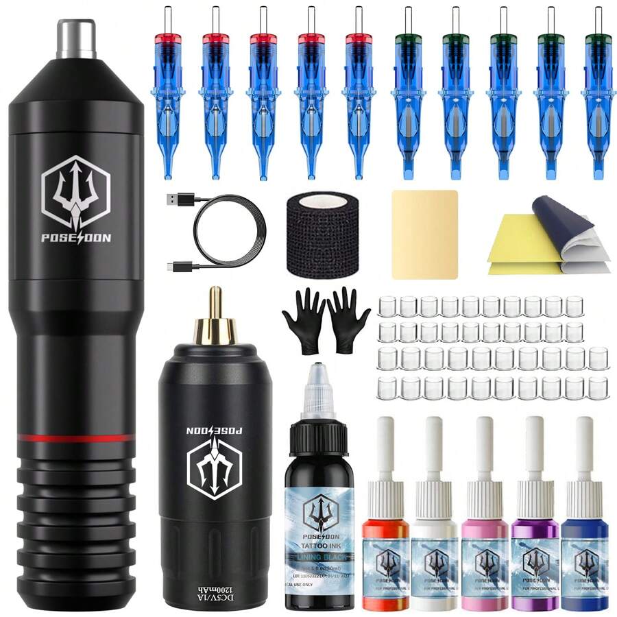 POSEIDON Tattoo Gun Kit, Tattoo Pen Kit, Tattoo Machine Kit With Power Supply 6 Tattoo Inks, 10pcs Tattoo Needles For Beginers