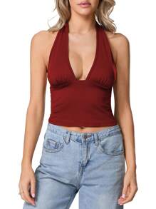 Women Crop Tank Tops Solid Color/Leopard Print Halter Neck Deep V-Neck Backless Casual Vests Summer Sleeveless Tops