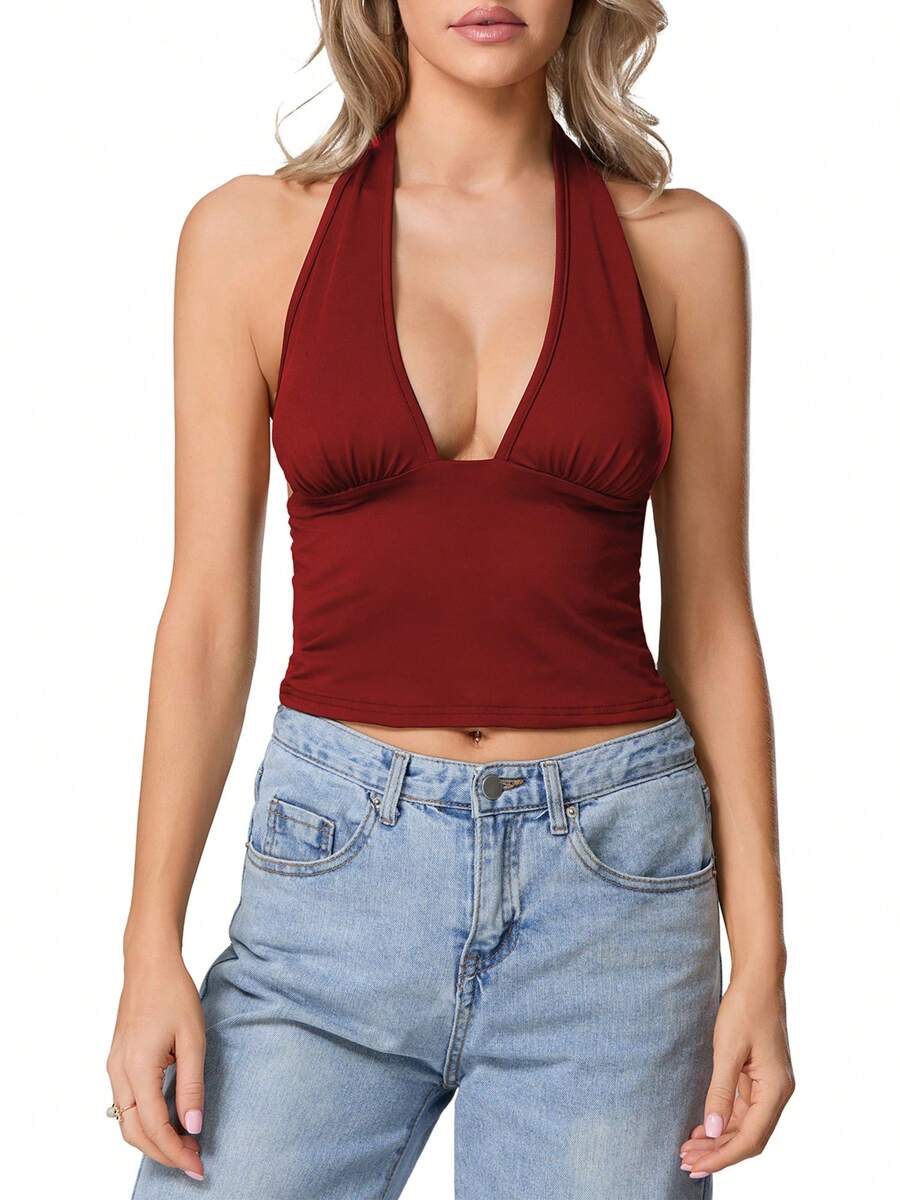 Women Crop Tank Tops Solid Color/Leopard Print Halter Neck Deep V-Neck Backless Casual Vests Summer Sleeveless Tops