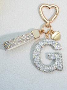 1pc Pink Soft Ceramic Letter Rhinestone Keychain, Cute Personalized Bag/Car Key Chain, Women Accessory, Gift For Mom, Friends, Valentine Valentine's Day Valentines Car Accessories Bag Charm School Goth Y2k - White - View 30