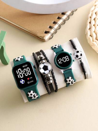 4 Pieces Of Boys' And Girls' Fashionable And Classic Digital Square LED Children's Watches For Football Decoration. These Wristbands And Electronic Watches Are Suitable For Wearing During The School Reopening Season.