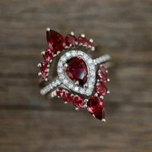 优雅波西米亚风格结婚戒指套装 - 合成梨形紫色锆石光环，合金镀玫瑰金，三石镶嵌，波西米亚花卉主题，三月生日石，适合订婚和日常佩戴 - 紫色 - 查看 11