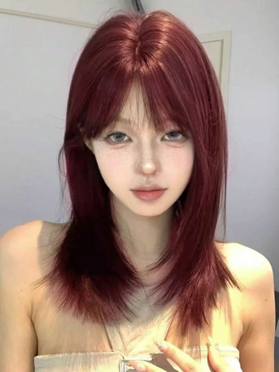 假发带刘海，欧美女士直发，假发/头发全头套，时尚橘红色 - 彩色 - 查看 1