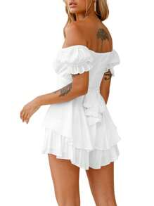 Womens Lantern Ruffle Romper Off Shoulder Short Sleeve Flowy Lyaner Smocked Romper Dress Short Jumpsuit Playsuits Mini Dress - 白色 - 查看 3